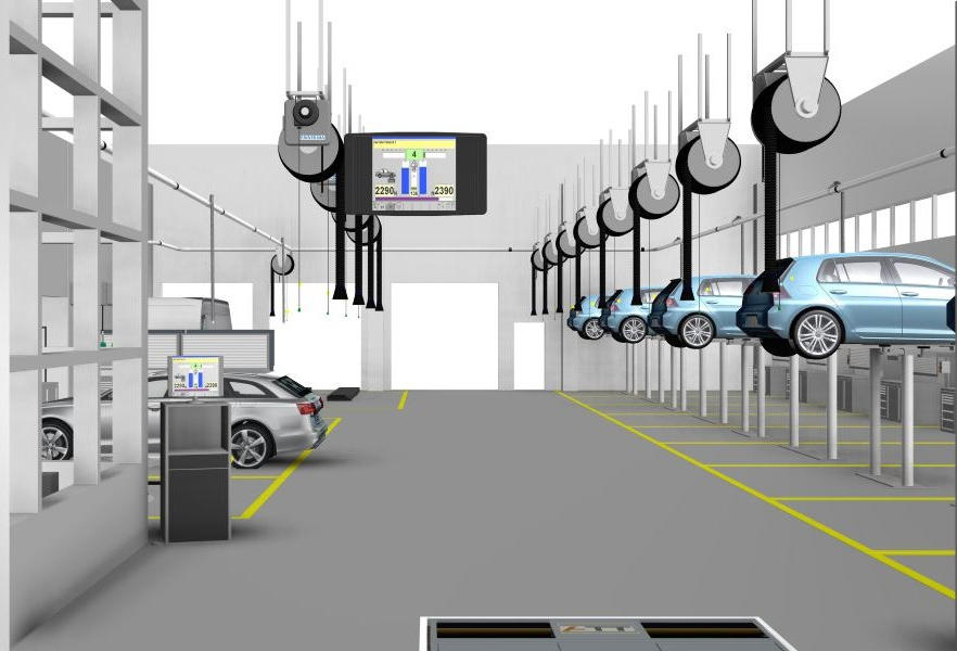 3D-kuva autokorjaamon korjaamohallista, missä on rivi työpisteitä autonostimineen ja pakokaasukeloineen, sekä mm. jarrudynamometri sisäänajoväylällä.