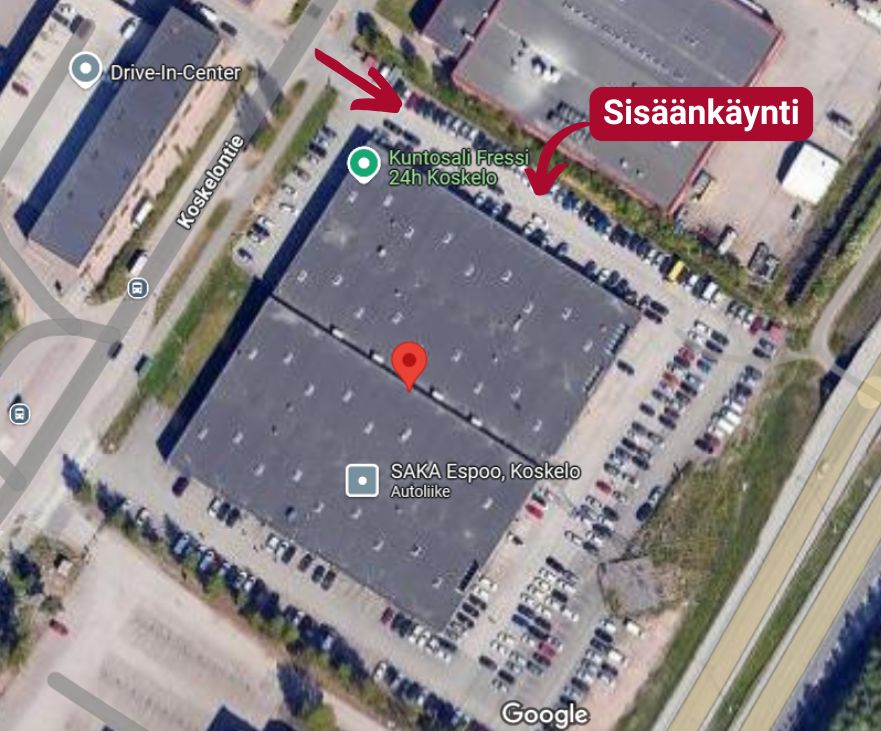 Karttakuva, joka ohjeistaa Diagnon koulutustiloihin Espoon Koskeloon. Sisäänkäynti rakennuksen koillispuolella.