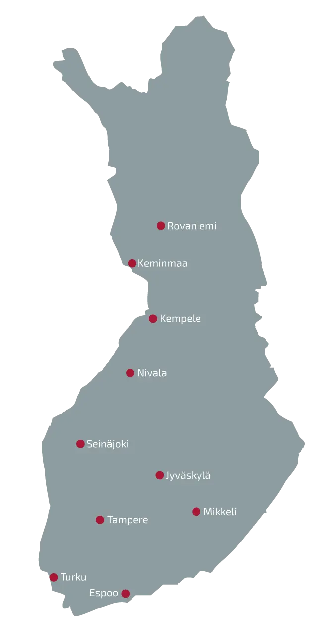 Karttakuva Suomesta, johon merkitty Diagnon huollon toimipisteet: Espoo, Turku, Tampere, Mikkeli, Jyväskylä, Seinäjoki, Nivala,, Kempele, Keminmaa, Rovaniemi.