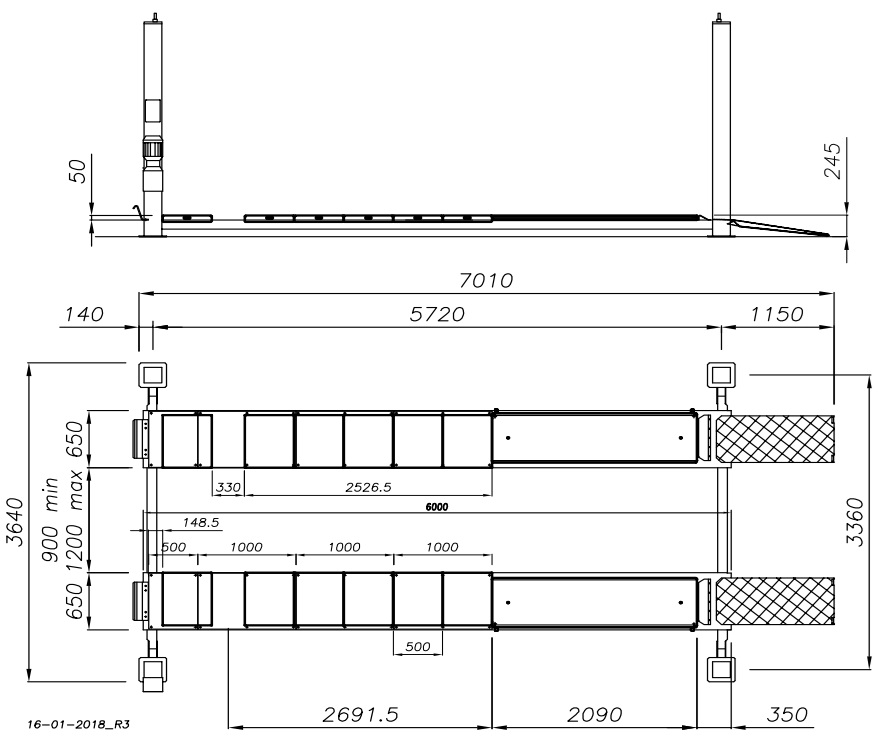 NF-LINE 4-PILARINOSTIN 5.500 KG SUUNTAUSMALLI 6.0 M X 520 MM PNEUMAATTISESTI LUKITTUVAT LIUKULEVYT