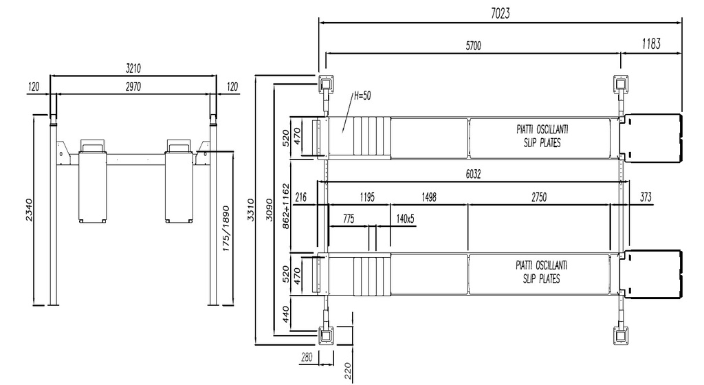NF-LINE 4-PILARINOSTIN 5.500 KG SUUNTAUSMALLI 6.0 M X 520 MM PNEUMAATTISESTI LUKITTUVAT LIUKULEVYT