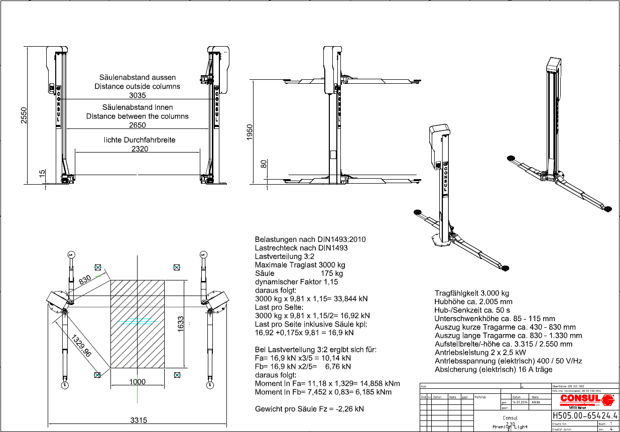 C230 EL 2-PILARINOSTIN 3,0T SÄHKÖMEKAANINEN LATTIAVAPAA H505.00 