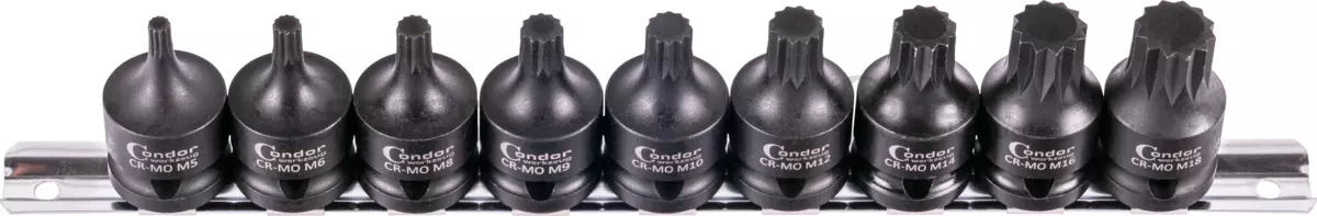 IMPACT SOCKET BIT SET, STUBBY, 9 PCS., 1/2', CRMO, SPLINE M5-18