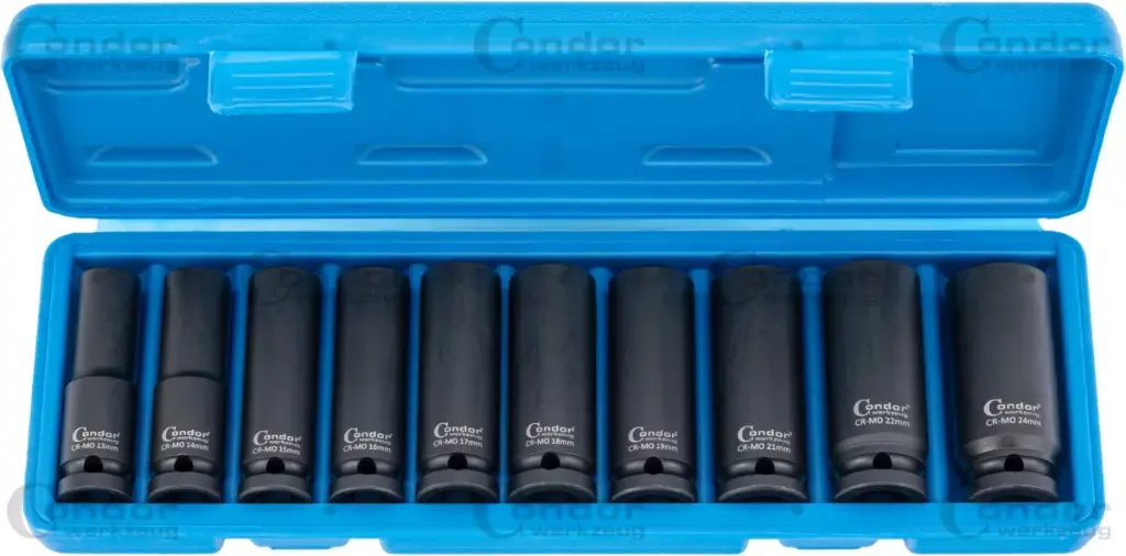 CONDOR VOIMAHYLSYSARJA PITKÄ 1/2' 13-24 MM 10 OSAA 6 KULMA