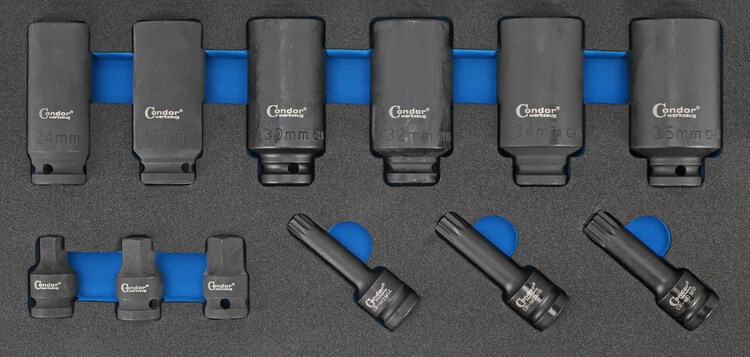 CONDOR VOIMAHYLSYSARJA 1/2" 12 KULMA PYÖRÄNNAPAMUTTERI 12 OSAA FOAM MODUULI 1/3