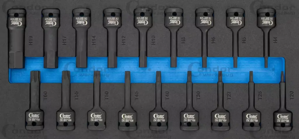 CONDOR KÄRKIHYLSYSARJA 1/2" TORX T20-60 + KUUSIOKOLO 4-19MM, 18 OSAA FOAM MODUULI