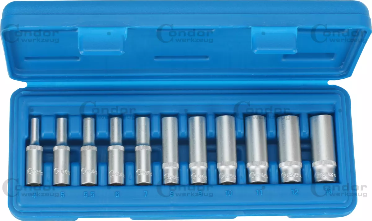 [1009-14] CONDOR HYLSYSARJA PITKÄ 1/4' 11 OSAA KUUSIO 4-13 MM