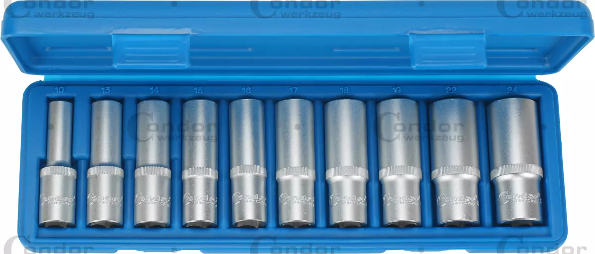 [1009-12] CONDOR HYLSYSARJA PITKÄ 1/2' 10 OSAA KUUSIO 10-24 MM